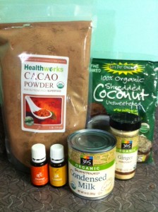 Healthworks organic raw cacao powder, Let's Do Organic shredded coconut, organic sweetened condensed milk, organic ground ginger, lemon & orange essential oils